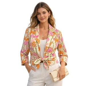 3 Sisters Layering Jacket Size Small Bird Floral Front Tie Cotton Canvas Cottage